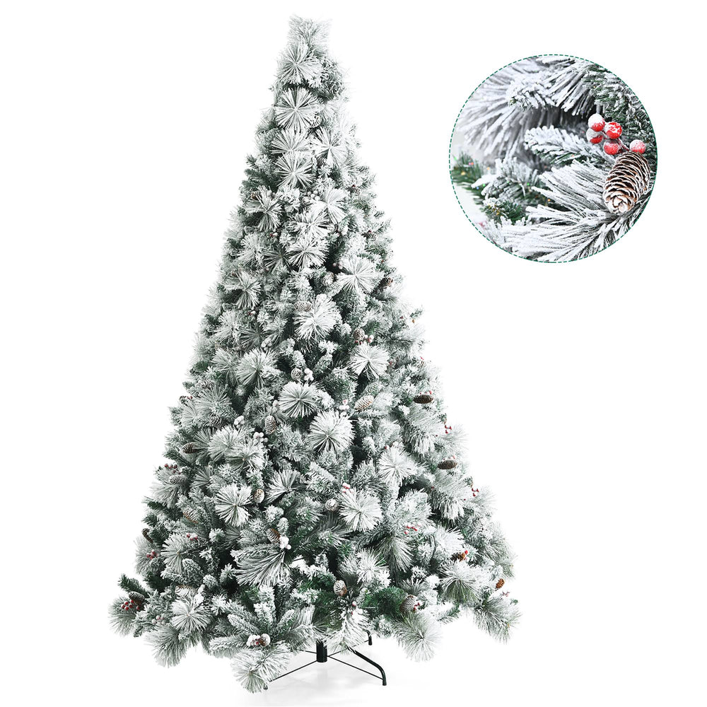 Costway CM23591 8ft Snow Flocked Artificial Christmas Tree Glitter Tips w/Pine Cone & Red Berries