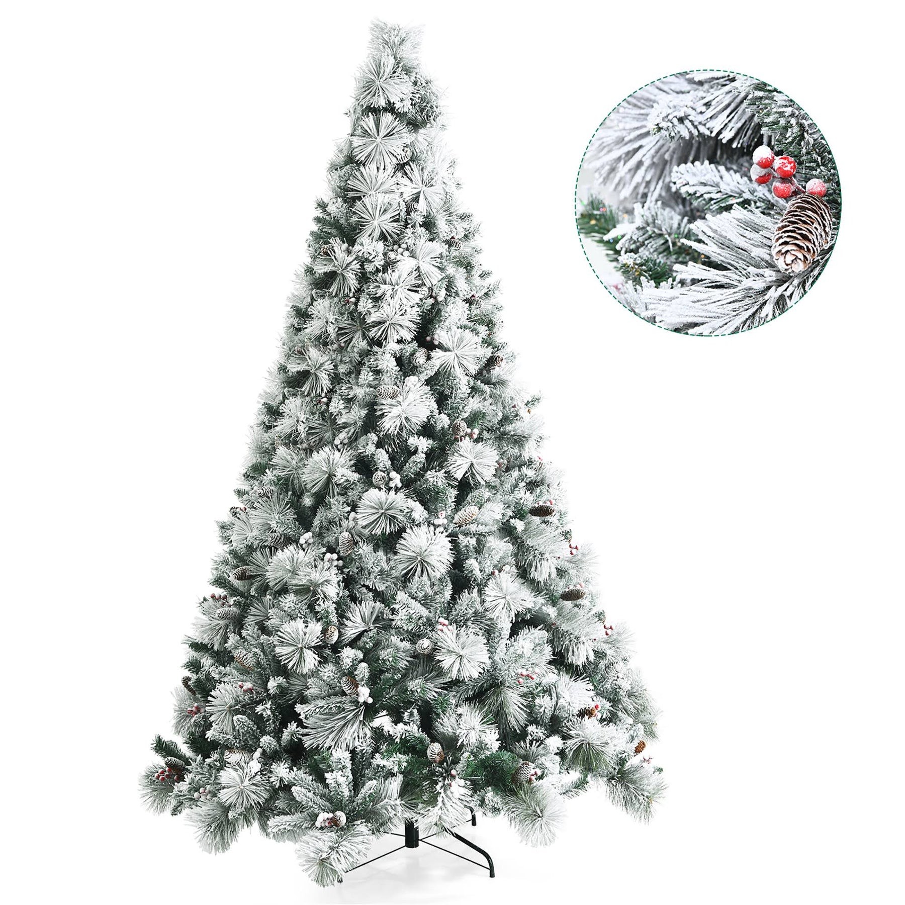 Costway CM23591 8ft Snow Flocked Artificial Christmas Tree Glitter Tips w/Pine Cone & Red Berries